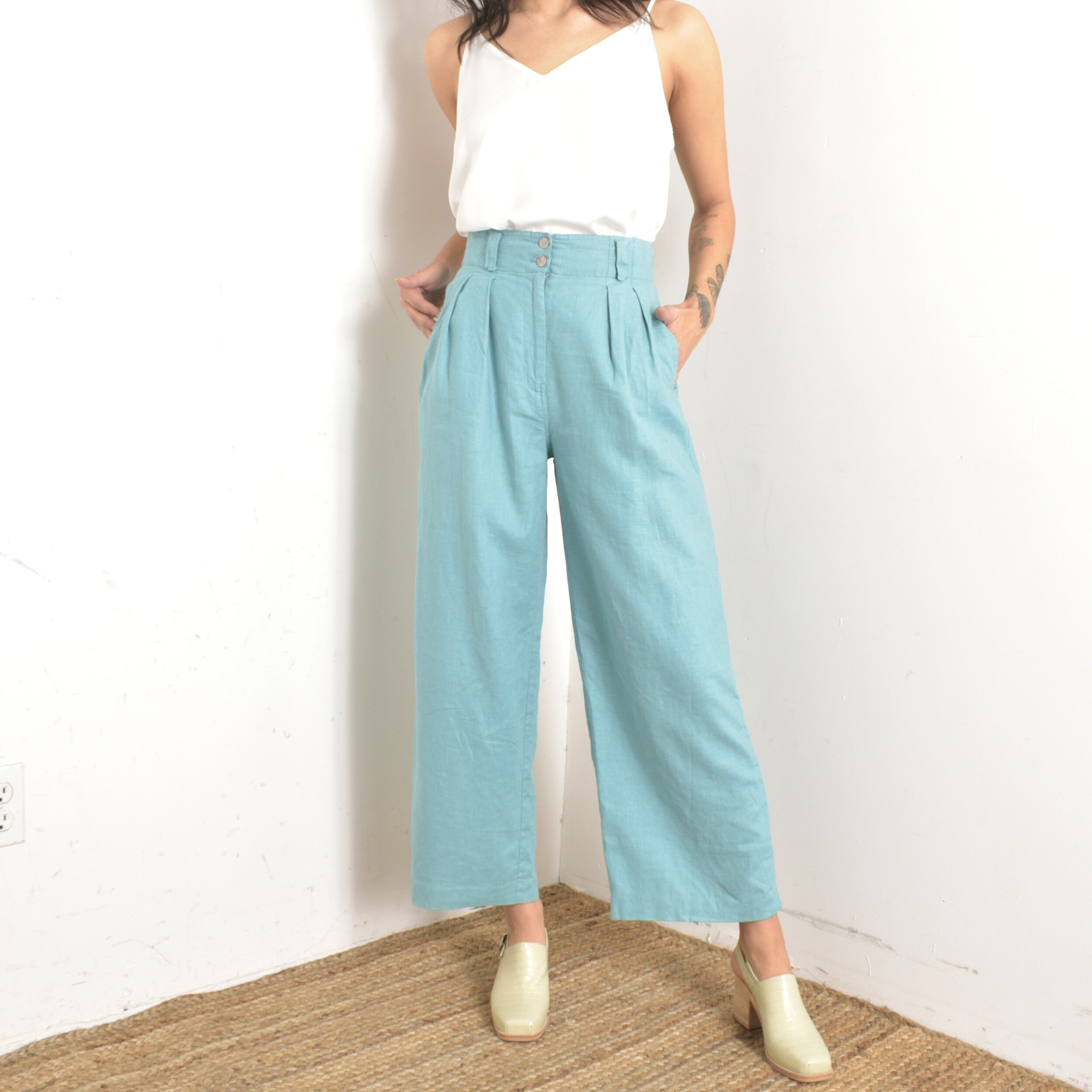 1980s Blue Linen Wide Leg Pants-small — La Poubelle Vintage